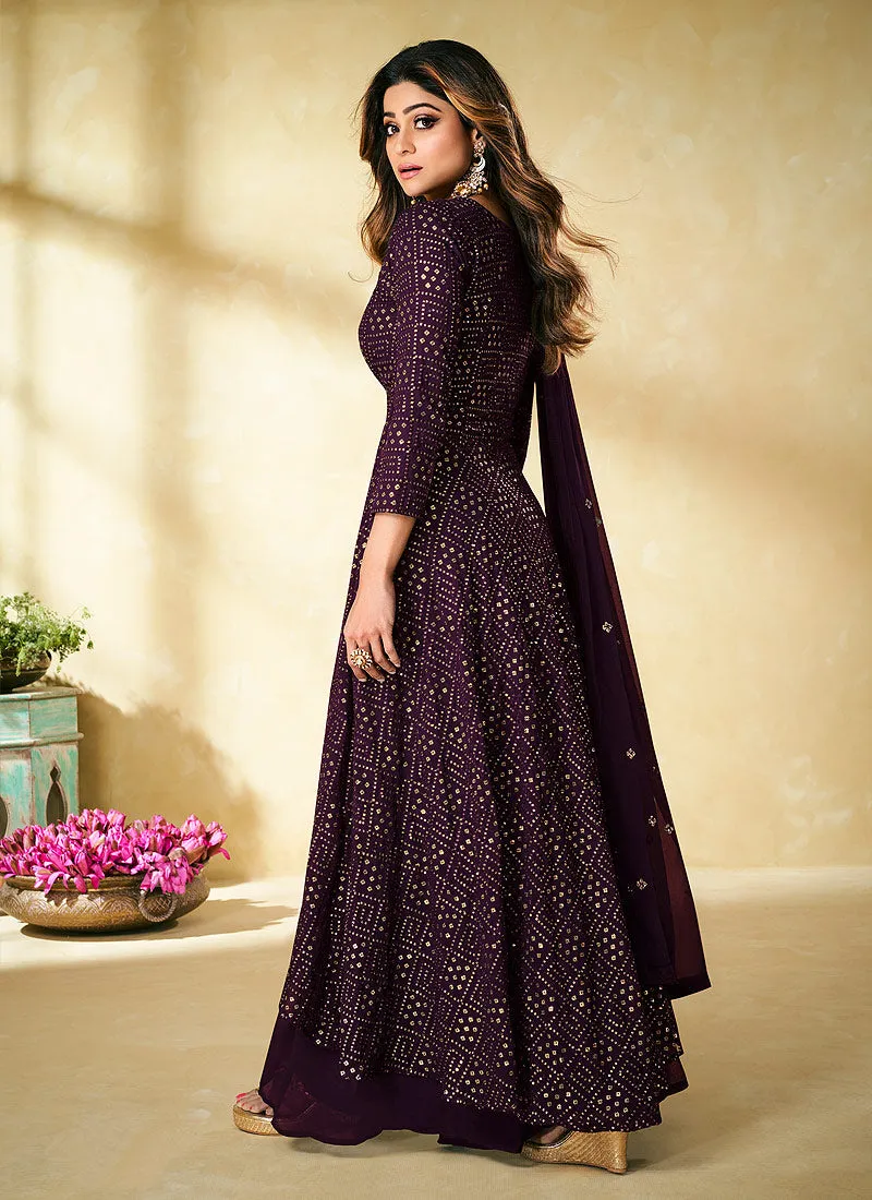 Deep Purple Zari And Badla Embroidered Indian Palazzo Suit