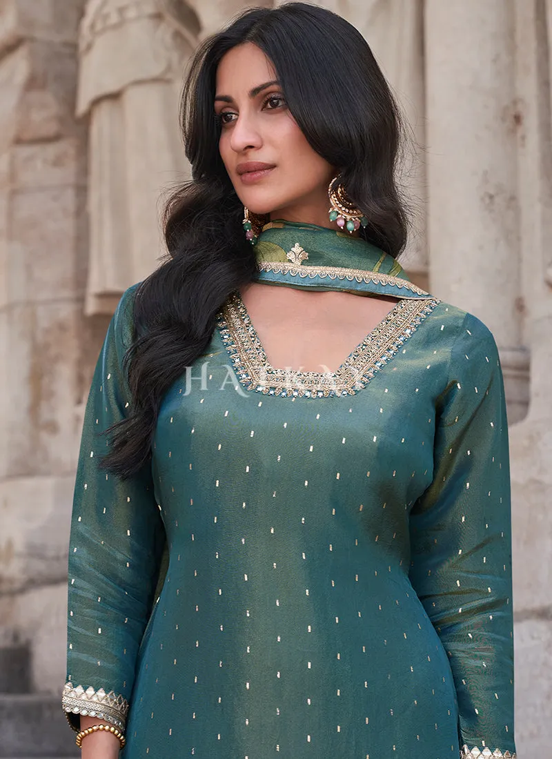Deep Turquoise Embroidery Gharara Suit