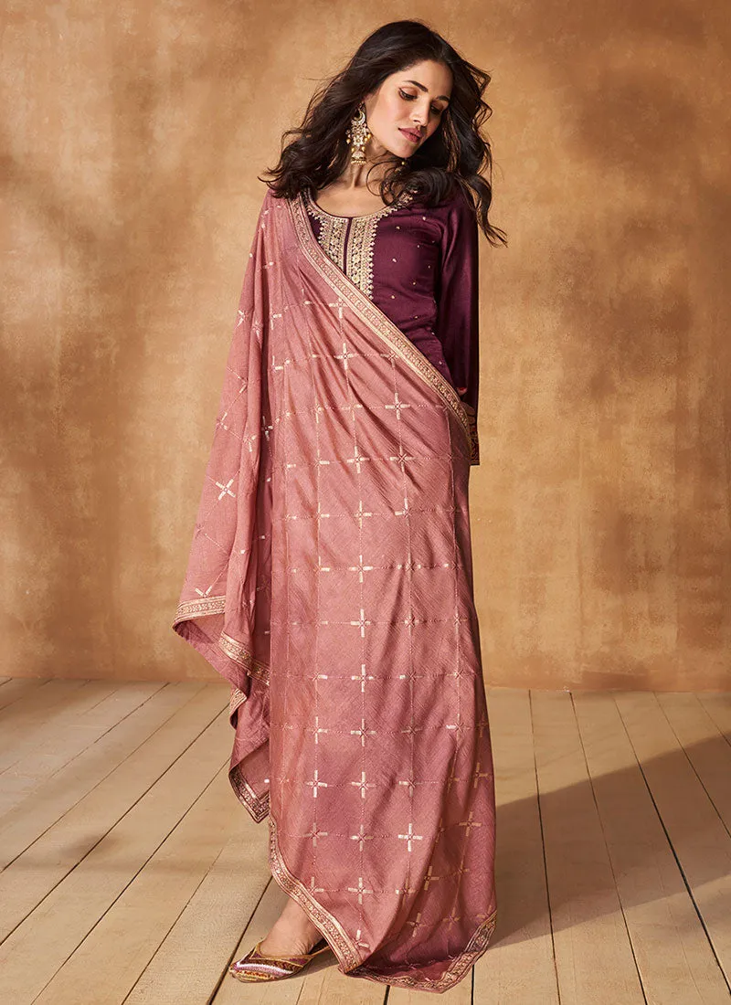 Deep Wine Sequence Embroidery Wedding Pant Style Suit