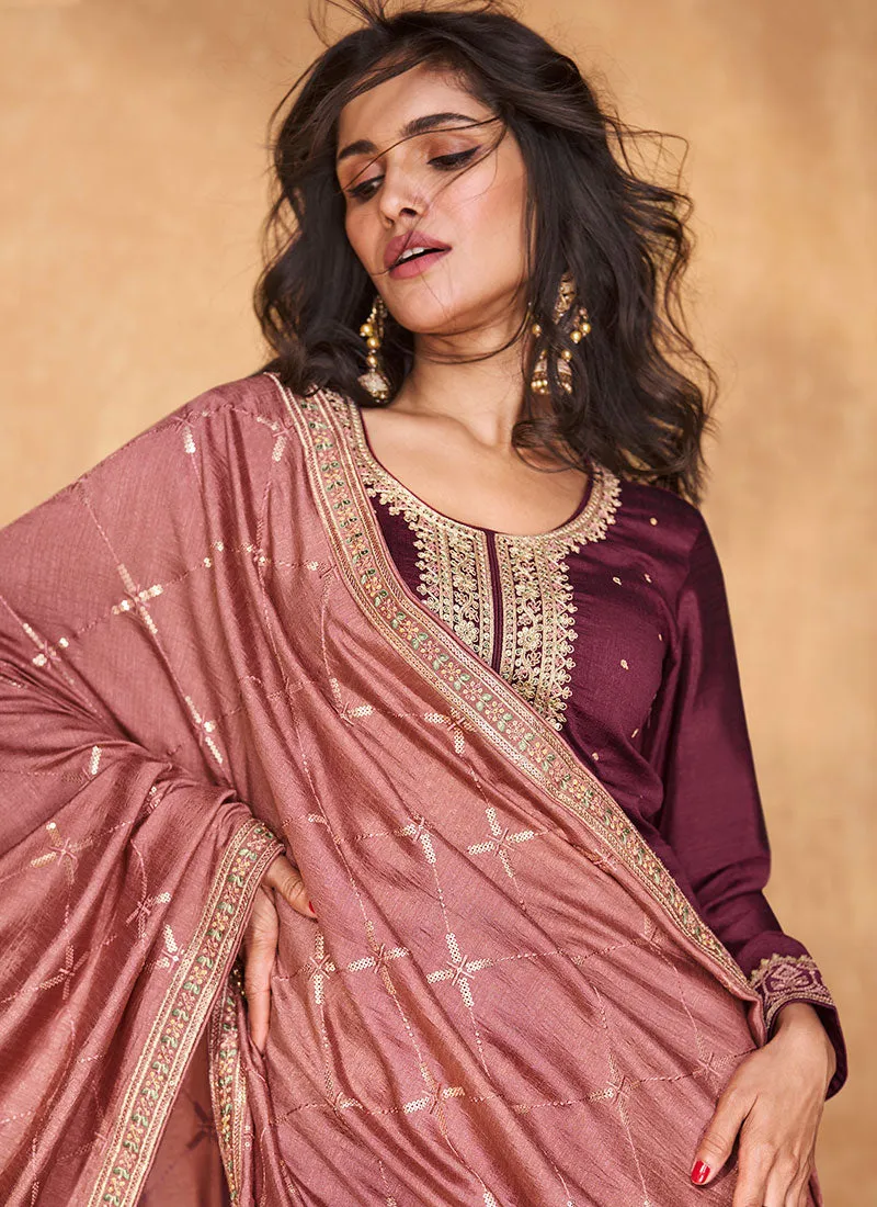 Deep Wine Sequence Embroidery Wedding Pant Style Suit