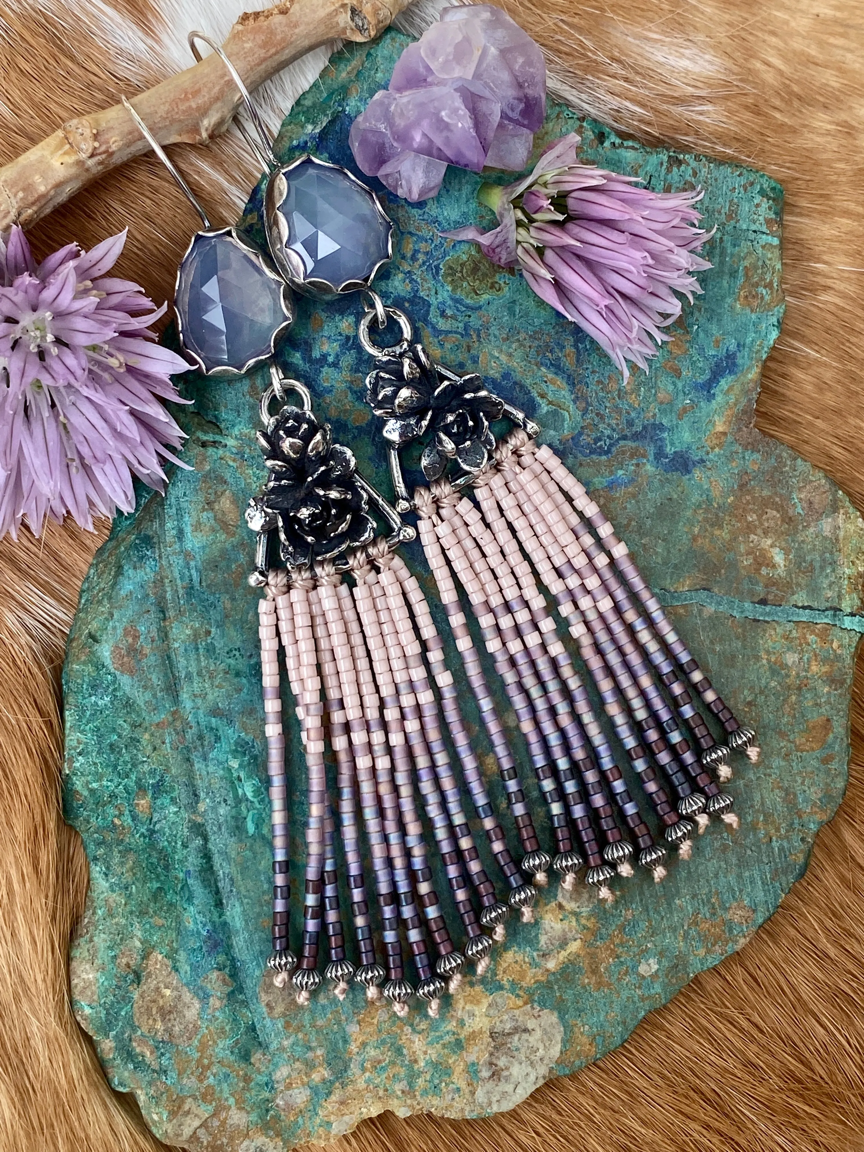 Desert Dweller “Lilac Chalcedony & Succulents” hand cast Sterling Silver beaded Earrings