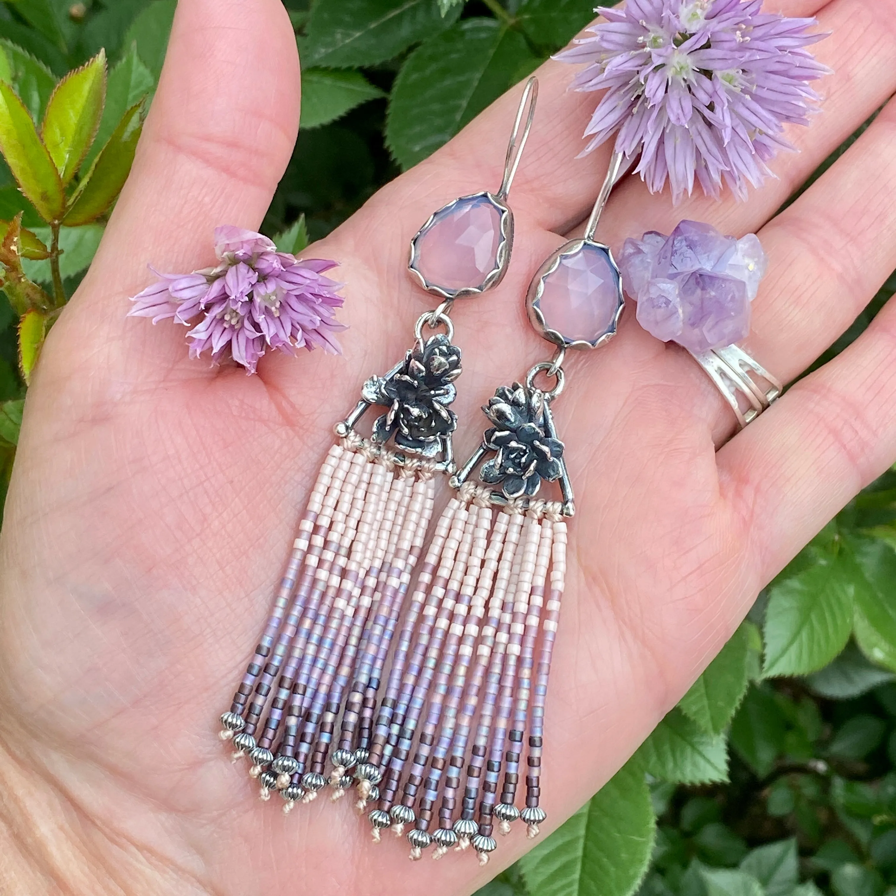 Desert Dweller “Lilac Chalcedony & Succulents” hand cast Sterling Silver beaded Earrings
