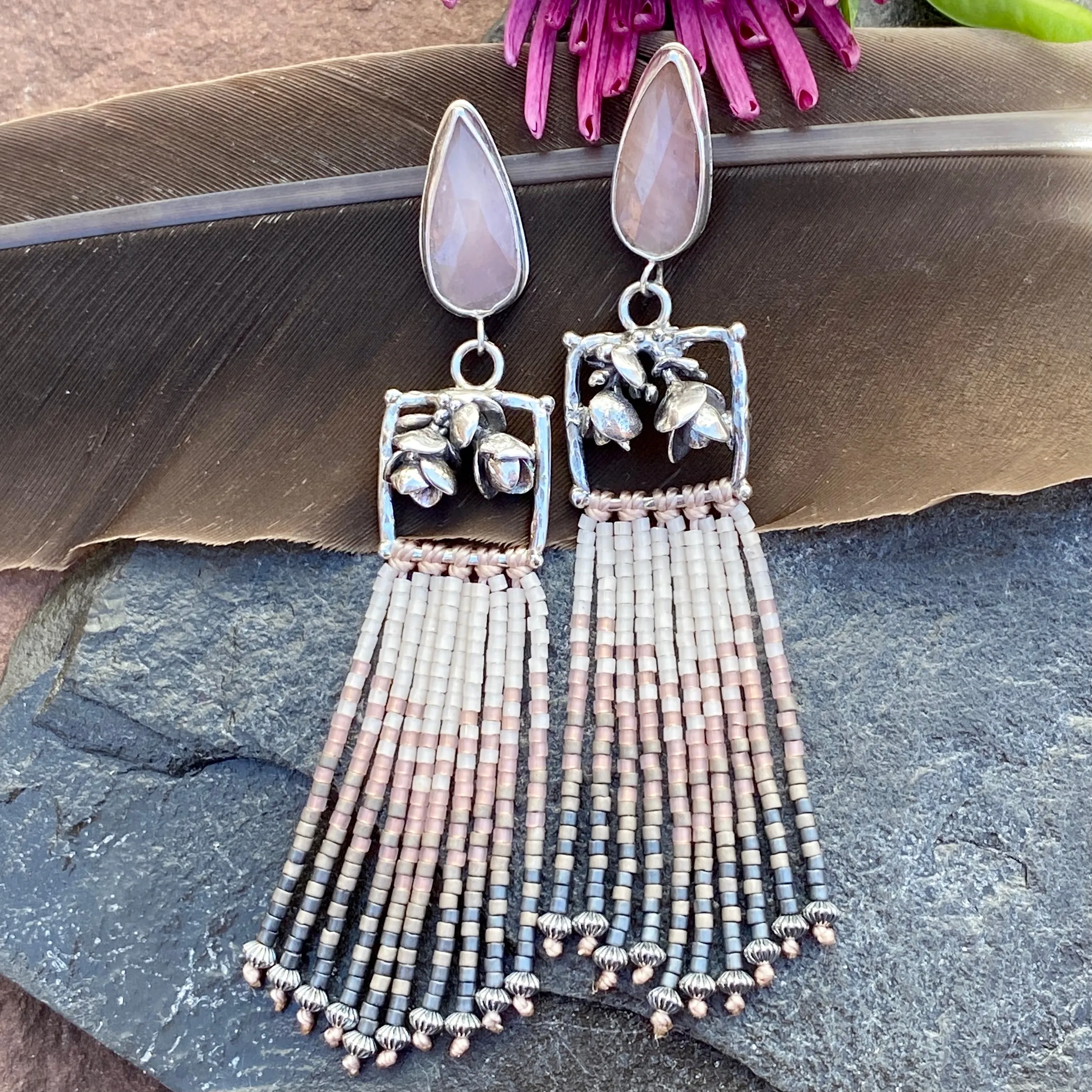 Desert Dweller “Lilac Chalcedony & Succulents” hand cast Sterling Silver beaded Earrings
