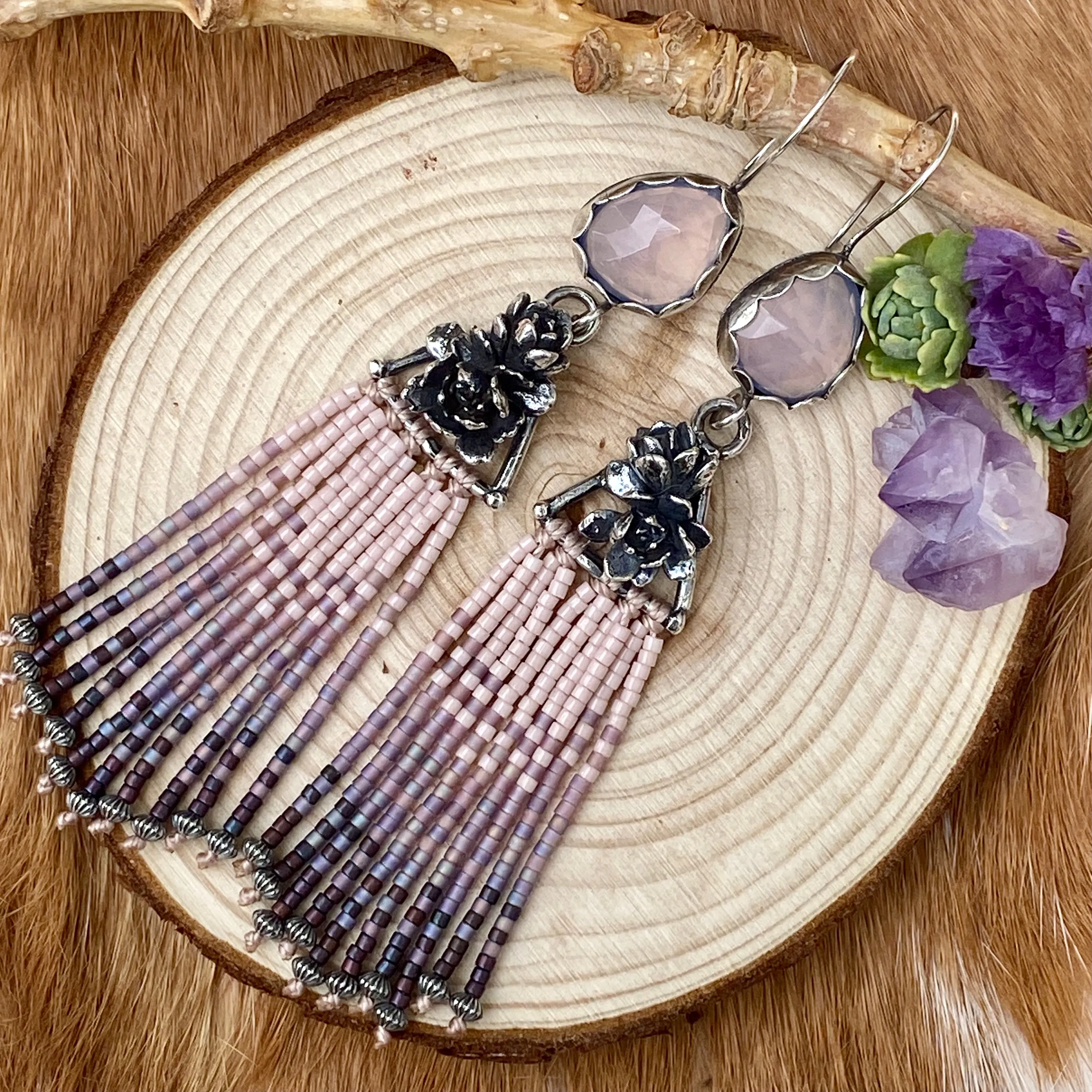 Desert Dweller “Lilac Chalcedony & Succulents” hand cast Sterling Silver beaded Earrings