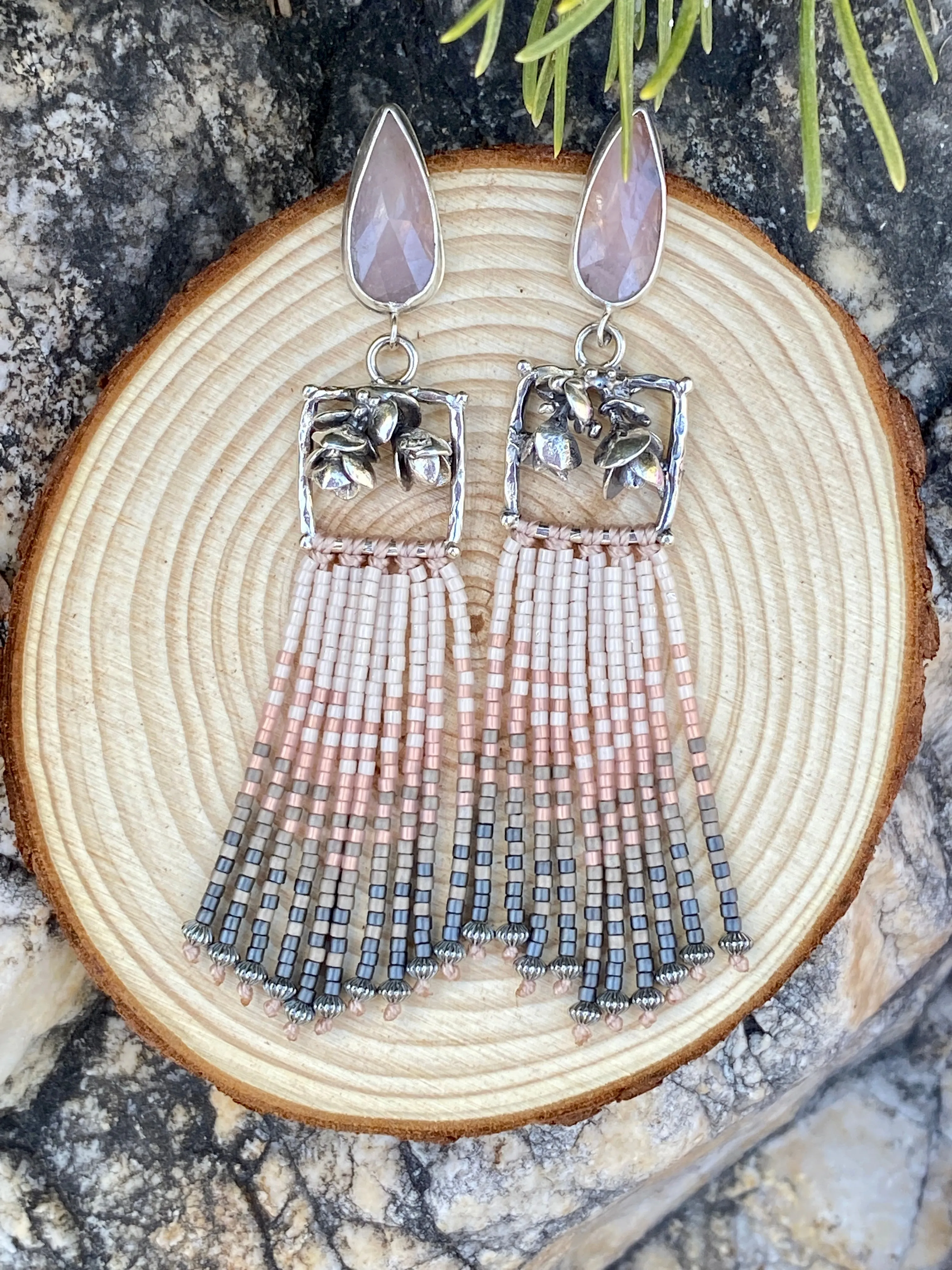 Desert Dweller “Lilac Chalcedony & Succulents” hand cast Sterling Silver beaded Earrings