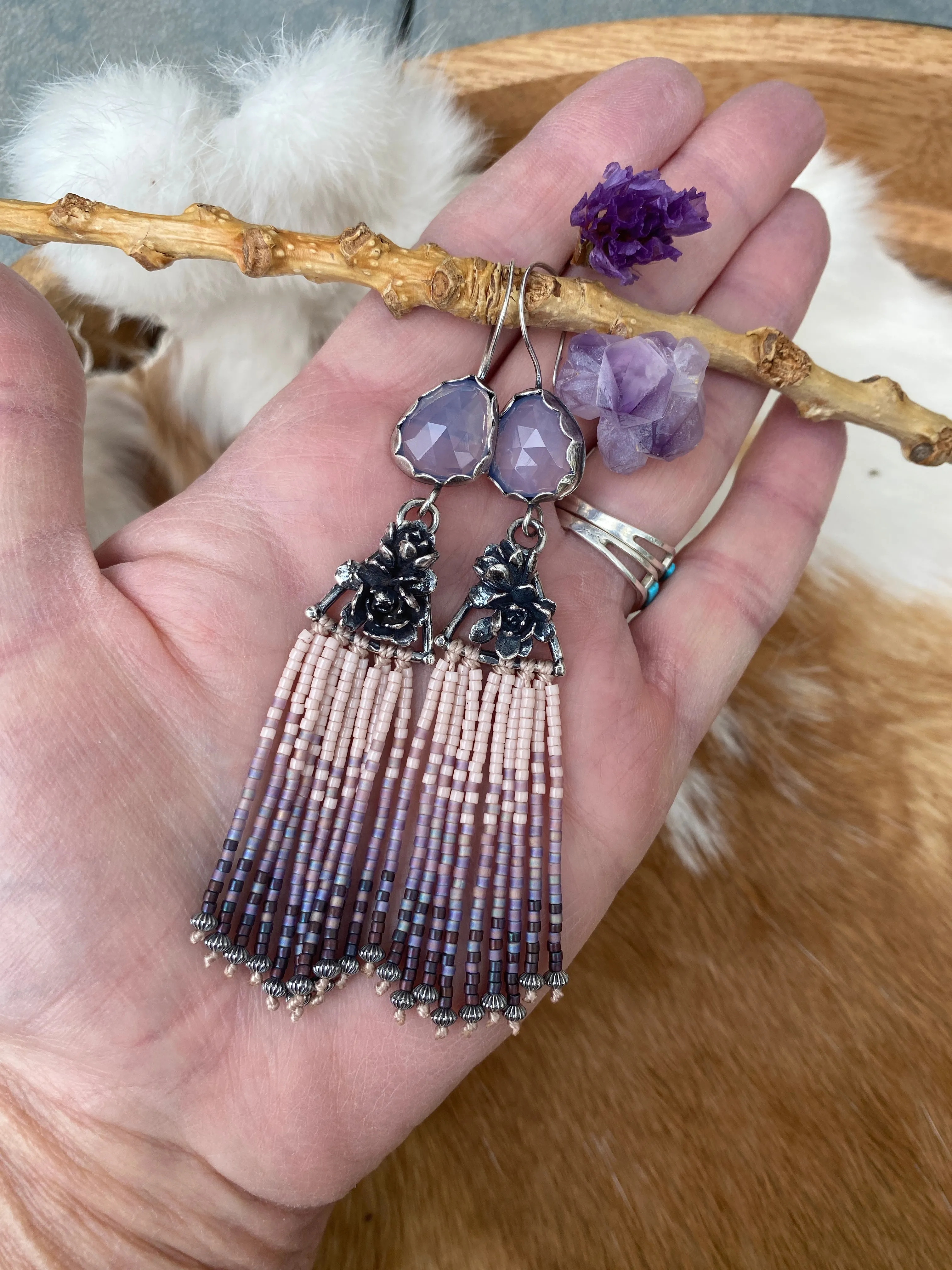 Desert Dweller “Lilac Chalcedony & Succulents” hand cast Sterling Silver beaded Earrings