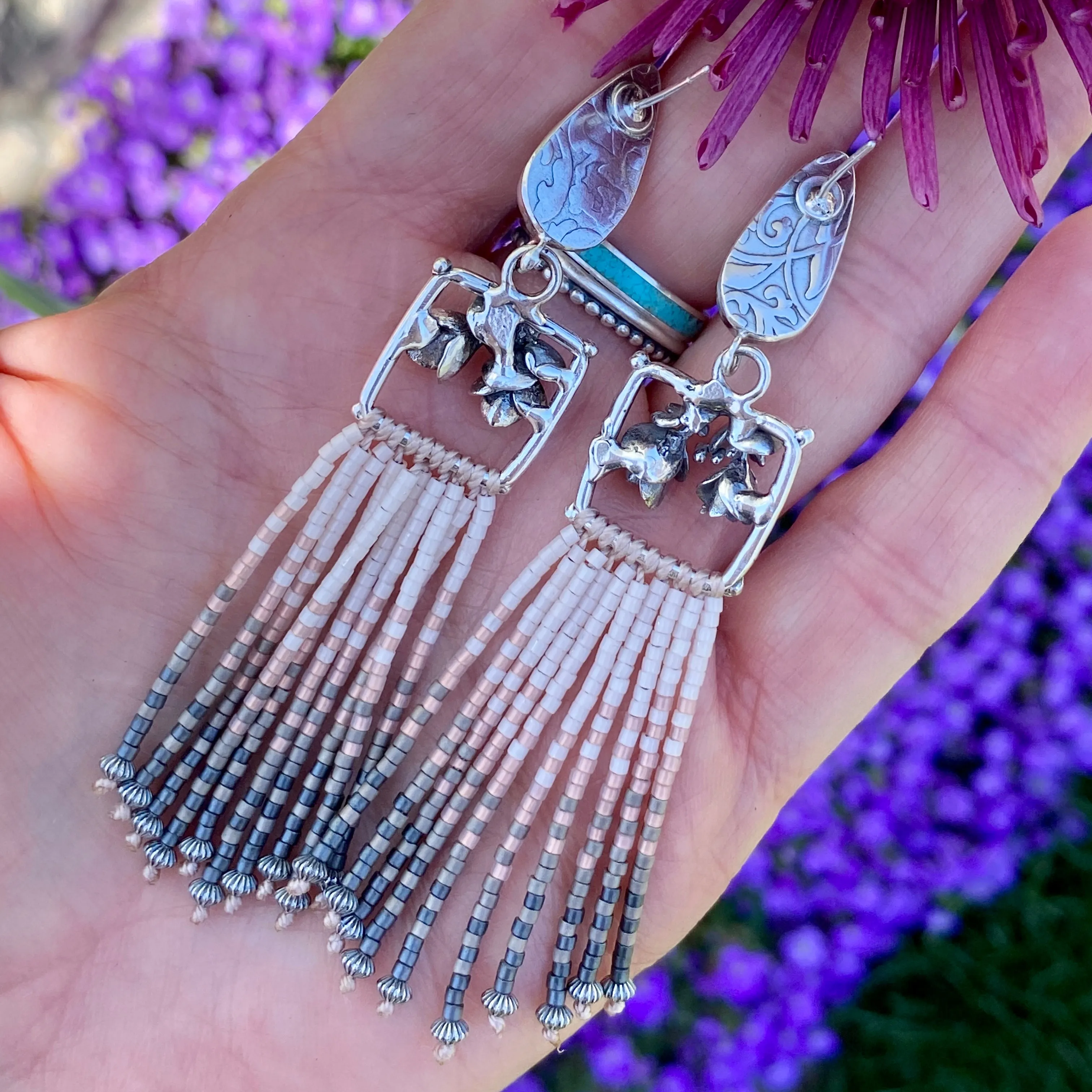 Desert Dweller “Lilac Chalcedony & Succulents” hand cast Sterling Silver beaded Earrings