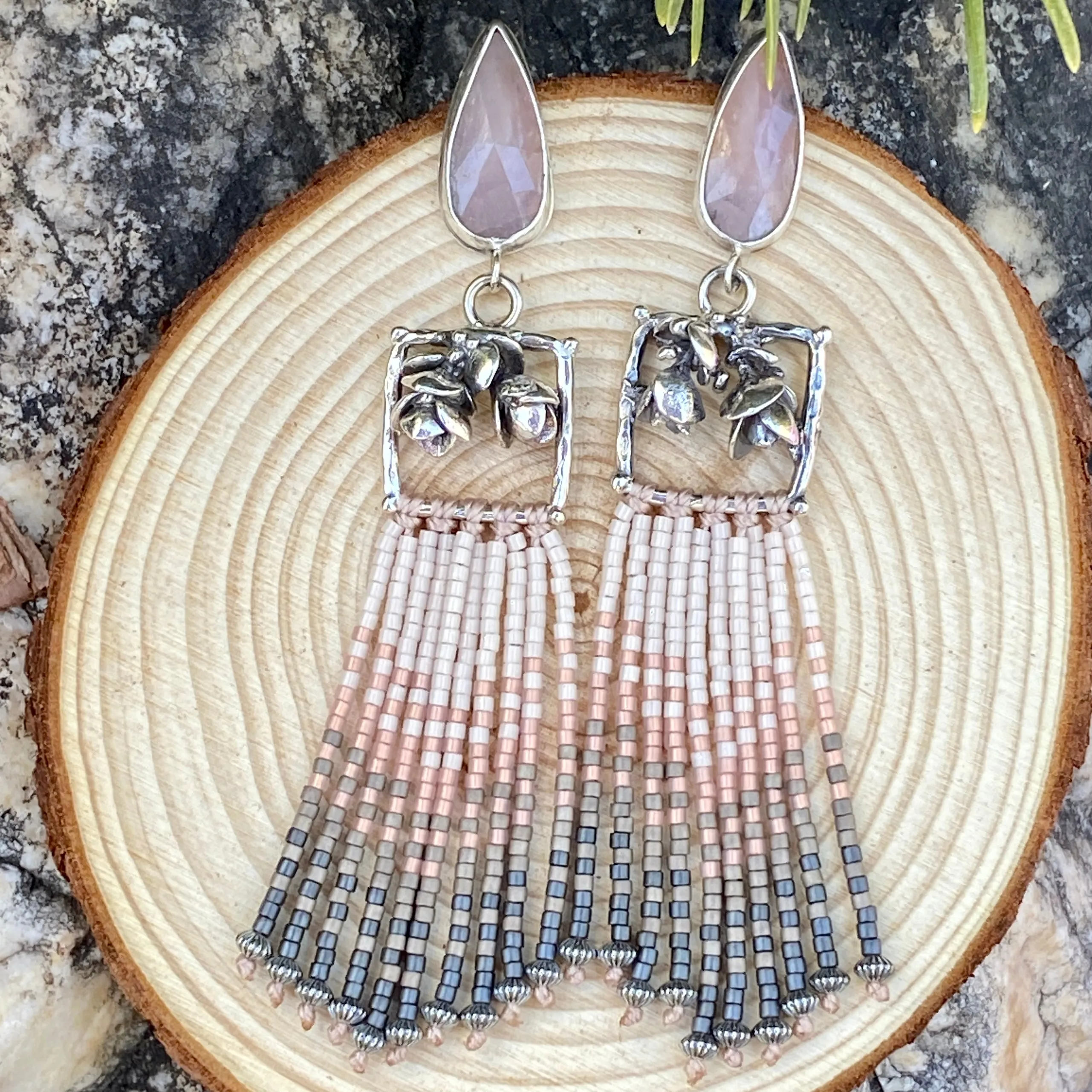 Desert Dweller “Lilac Chalcedony & Succulents” hand cast Sterling Silver beaded Earrings