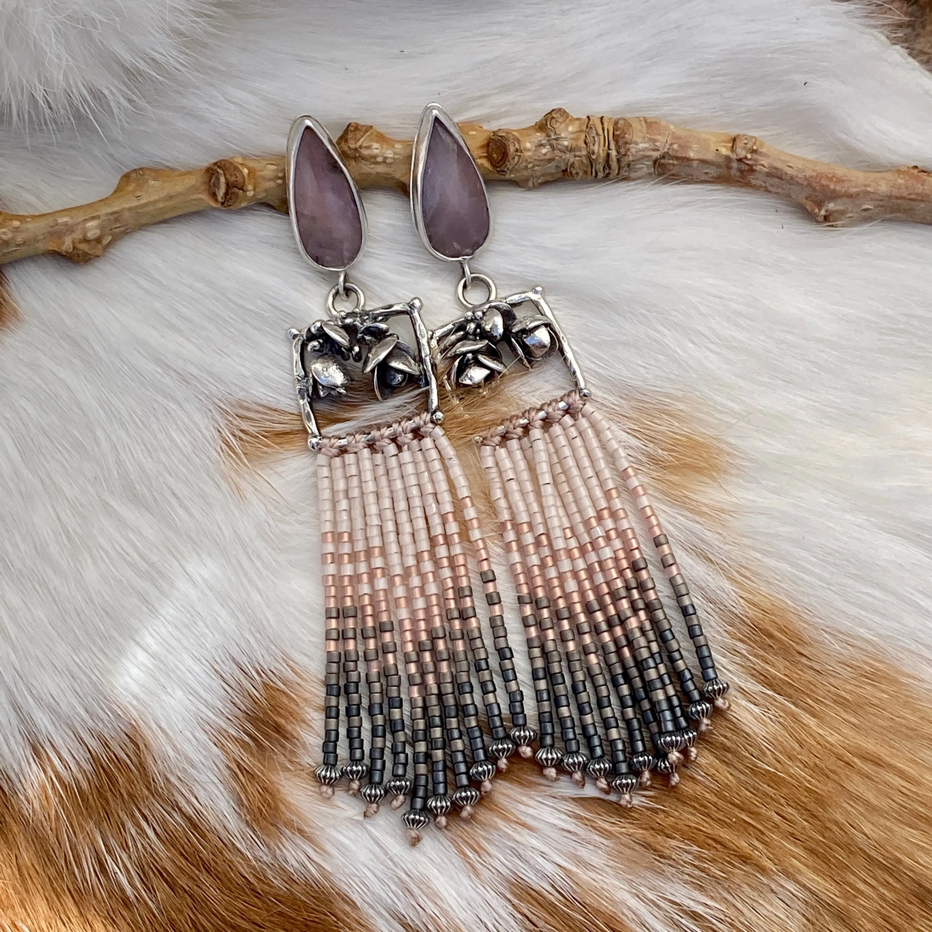 Desert Dweller “Lilac Chalcedony & Succulents” hand cast Sterling Silver beaded Earrings