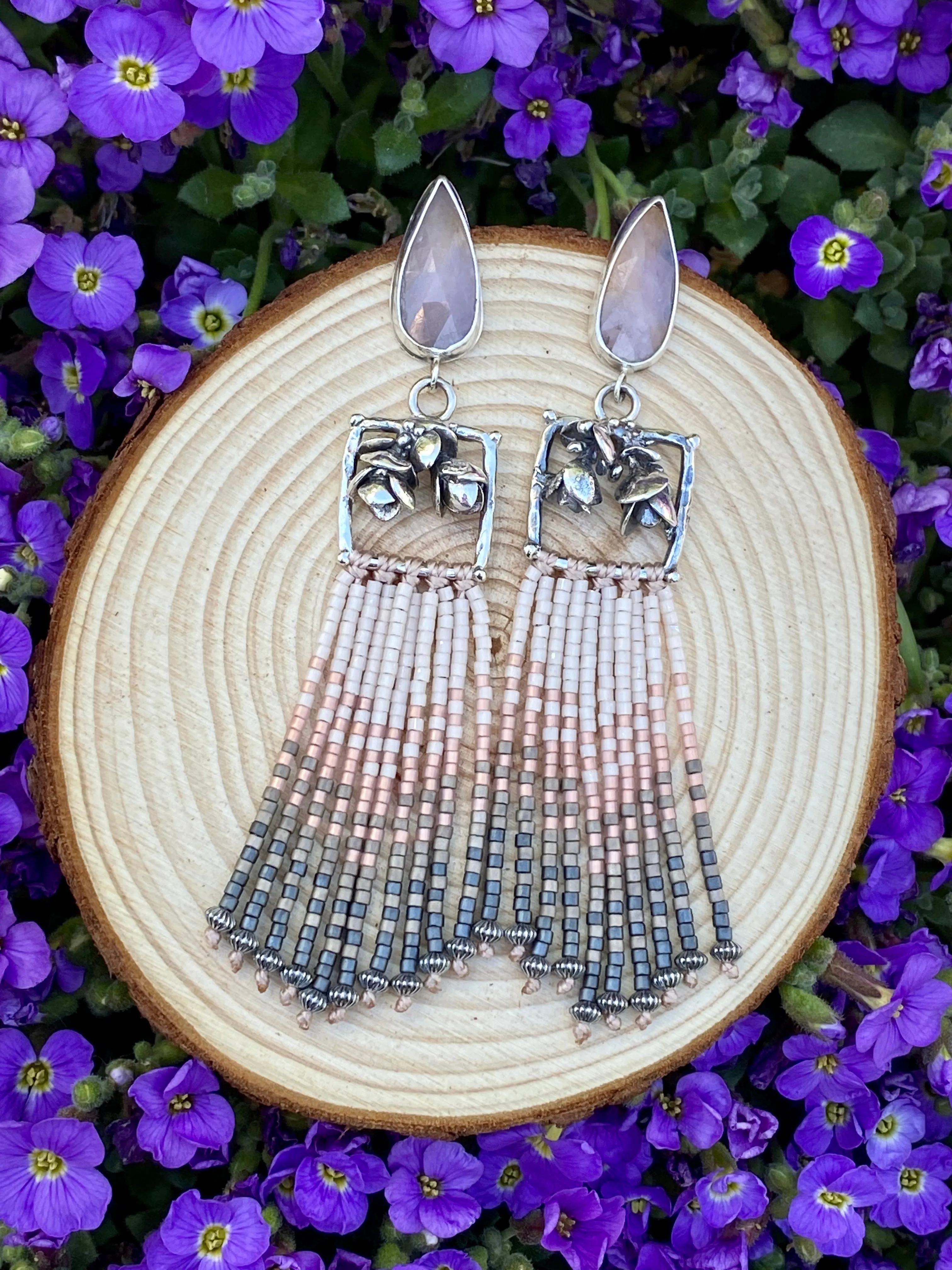 Desert Dweller “Lilac Chalcedony & Succulents” hand cast Sterling Silver beaded Earrings