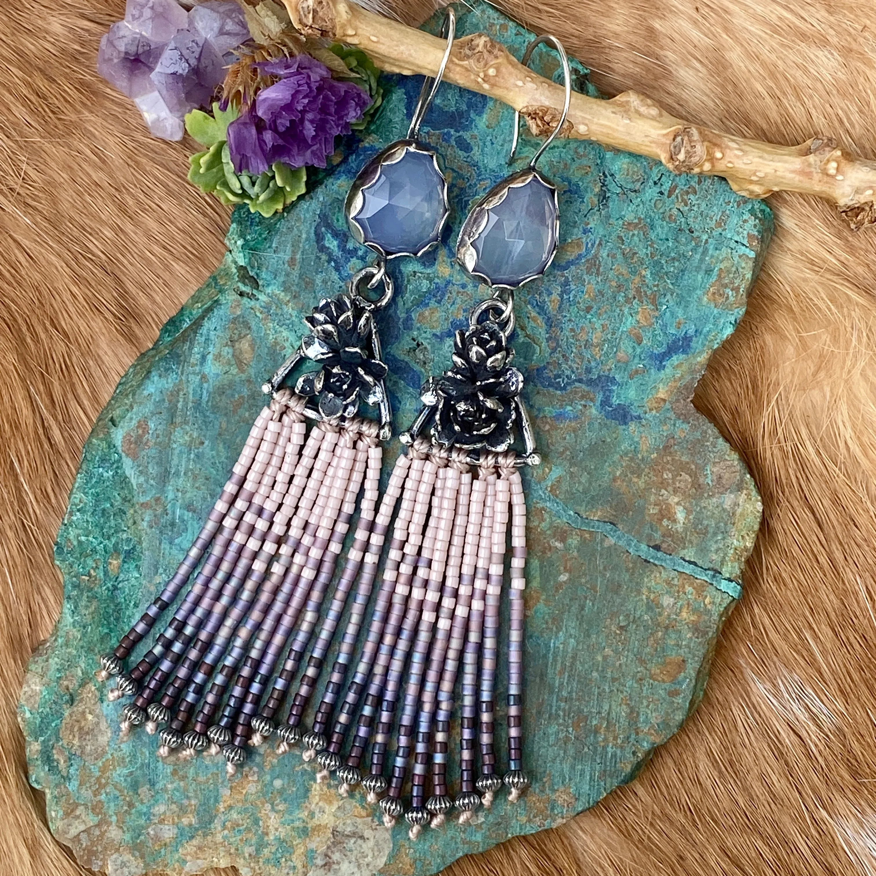 Desert Dweller “Lilac Chalcedony & Succulents” hand cast Sterling Silver beaded Earrings