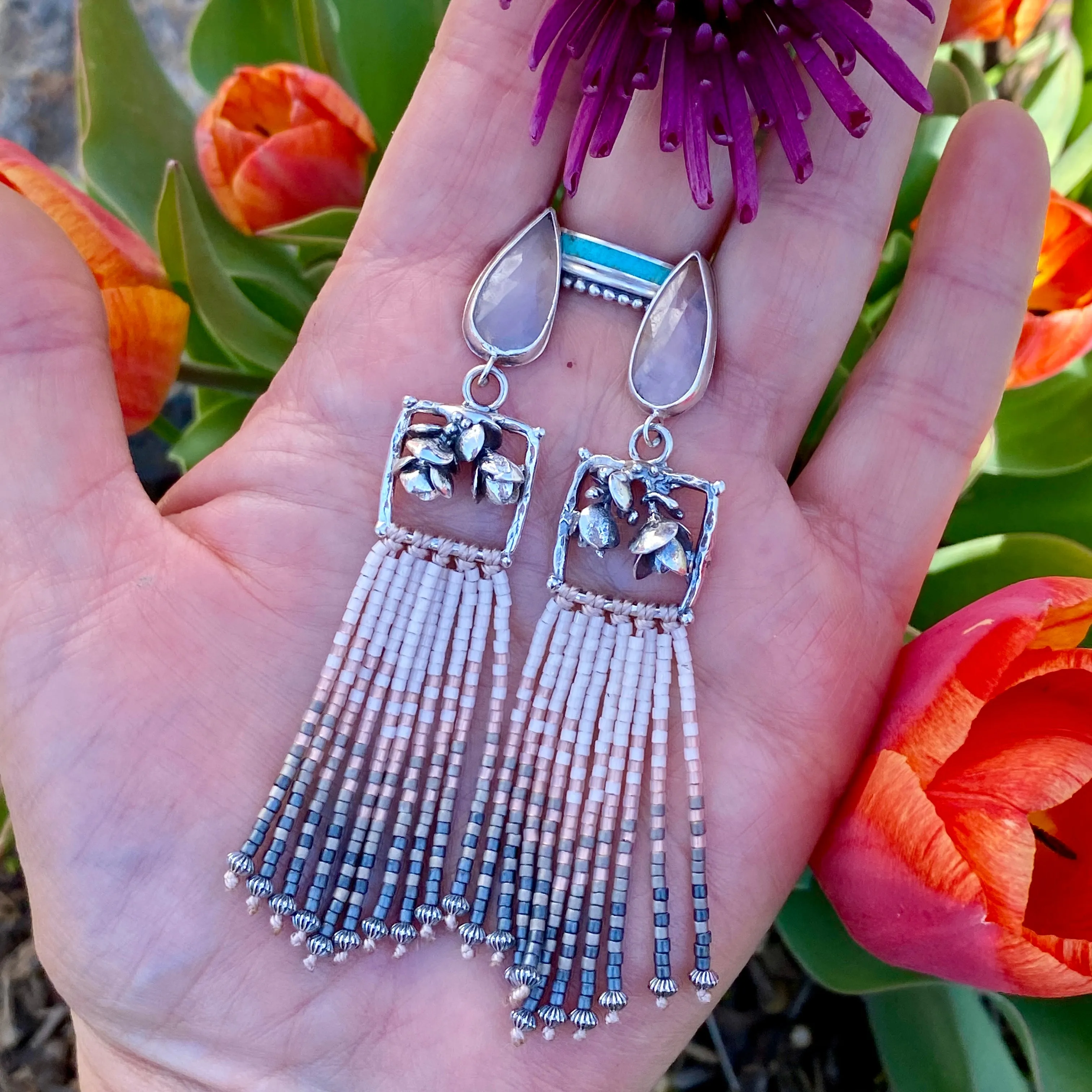 Desert Dweller “Lilac Chalcedony & Succulents” hand cast Sterling Silver beaded Earrings