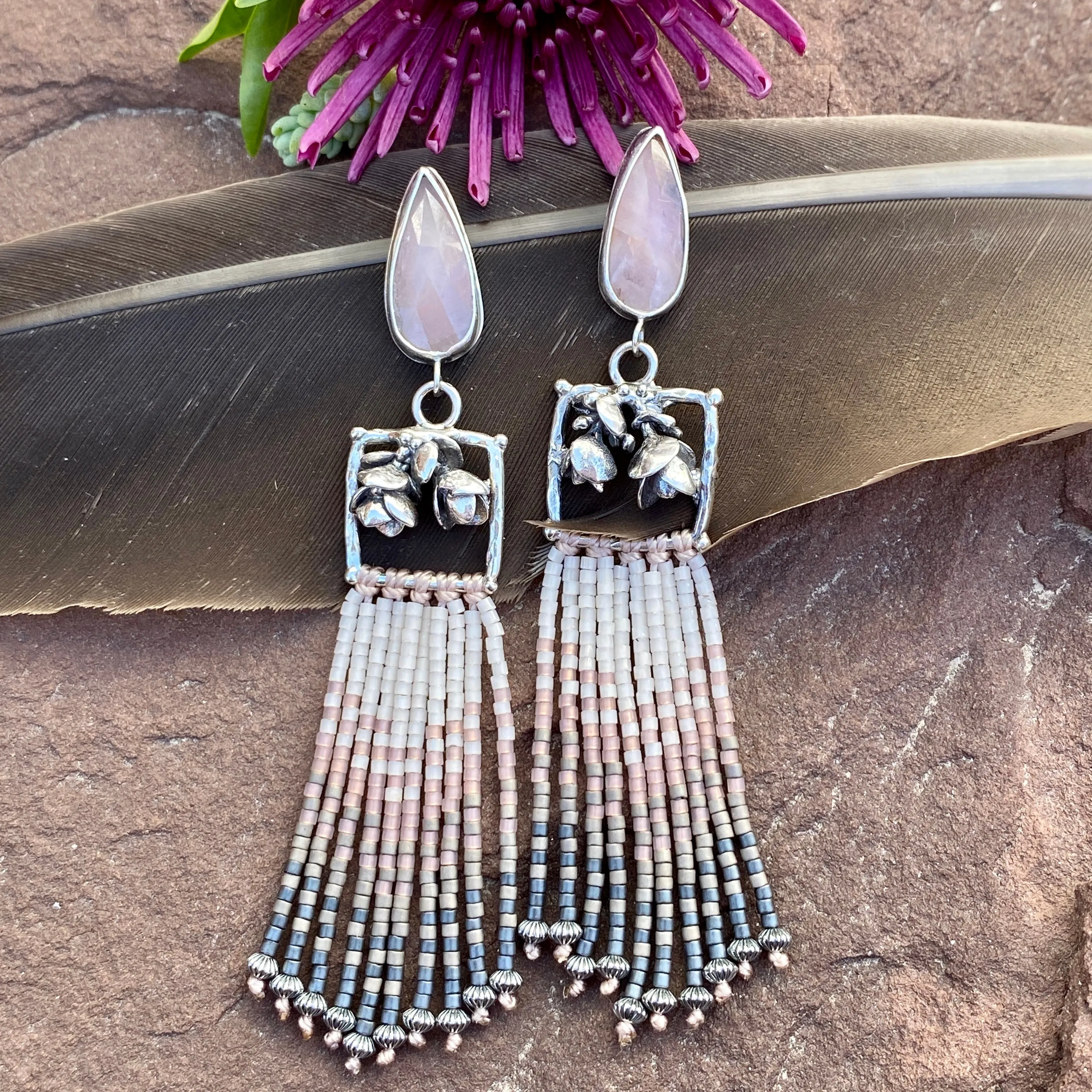 Desert Dweller “Lilac Chalcedony & Succulents” hand cast Sterling Silver beaded Earrings