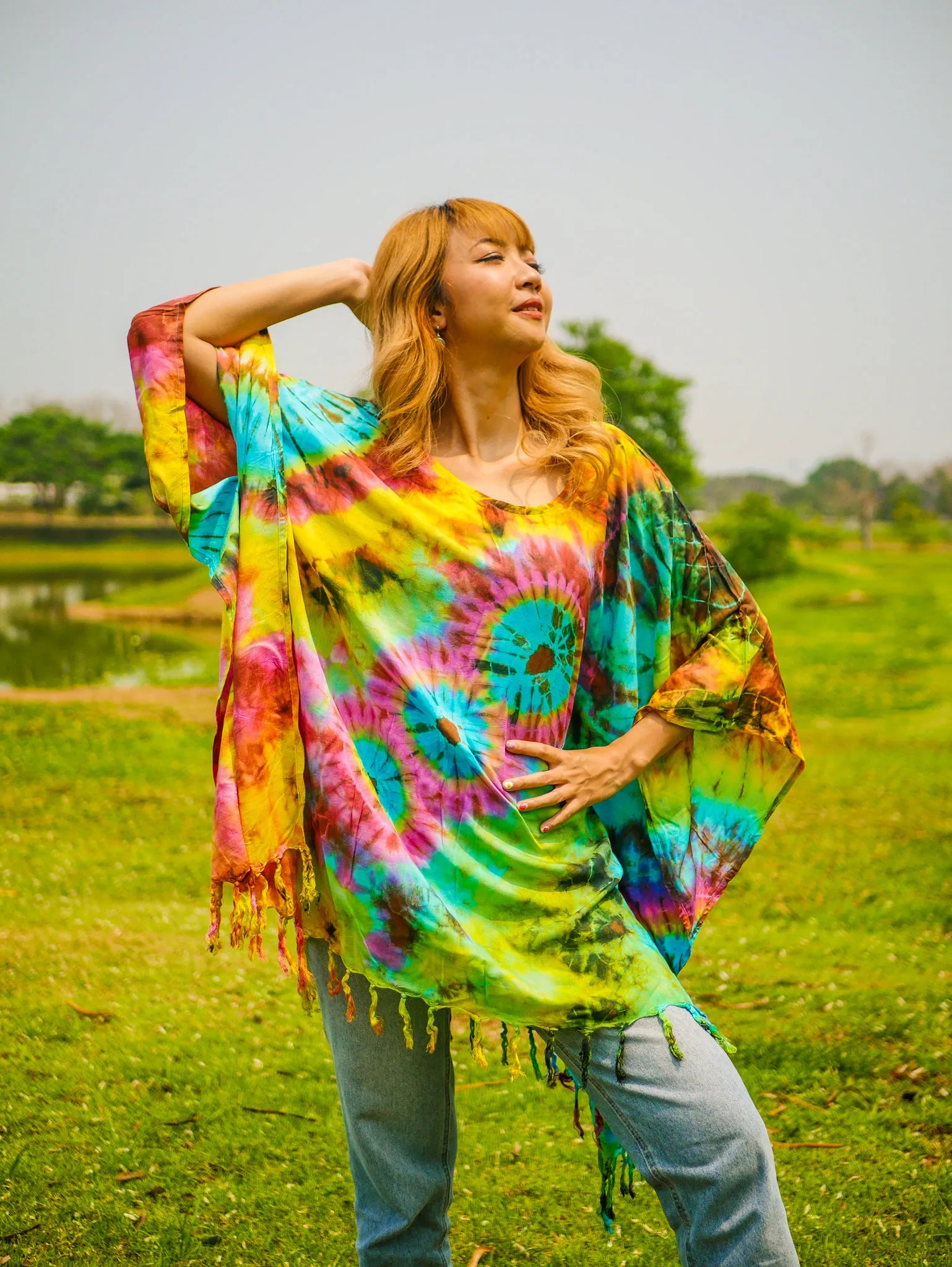 Dreamcatcher Tie Dye Poncho Tunic Kaftan Blouse Oversize Top