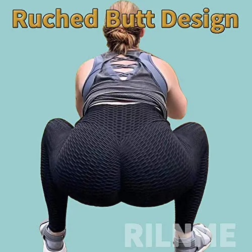DREAMOON Anti-Cellulite Butt Lift Leggings High Waisted Scrunch Booty Yoga Pants Textured Ruched Tights for Women(#1-Black, XL)