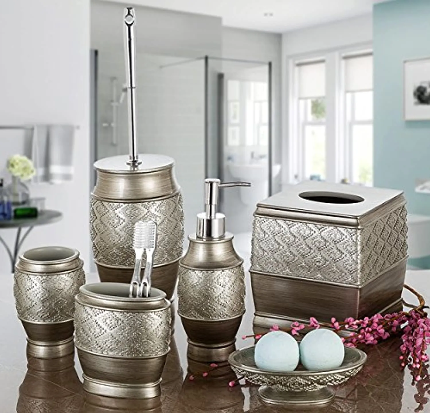 Dublin 4-Piece Bathroom Accessories Set - Includes Decorative Countertop Soap Dispenser, Dish, Tumbler, Toothbrush Holder, Resin Vanity Ensemble Set, Gift Boxed (Brushed Silver)