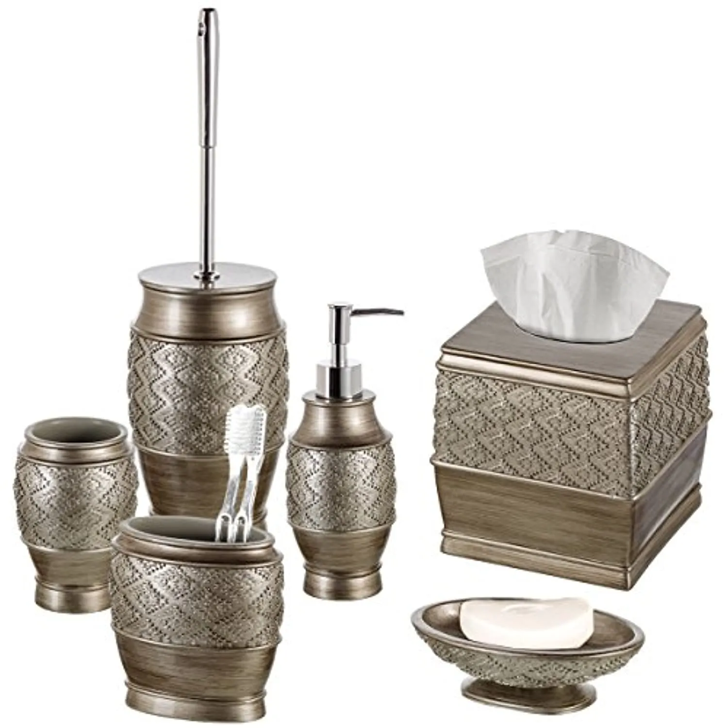 Dublin 4-Piece Bathroom Accessories Set - Includes Decorative Countertop Soap Dispenser, Dish, Tumbler, Toothbrush Holder, Resin Vanity Ensemble Set, Gift Boxed (Brushed Silver)