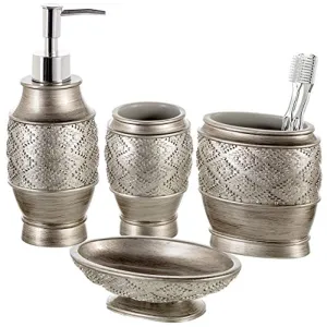 Dublin 4-Piece Bathroom Accessories Set - Includes Decorative Countertop Soap Dispenser, Dish, Tumbler, Toothbrush Holder, Resin Vanity Ensemble Set, Gift Boxed (Brushed Silver)