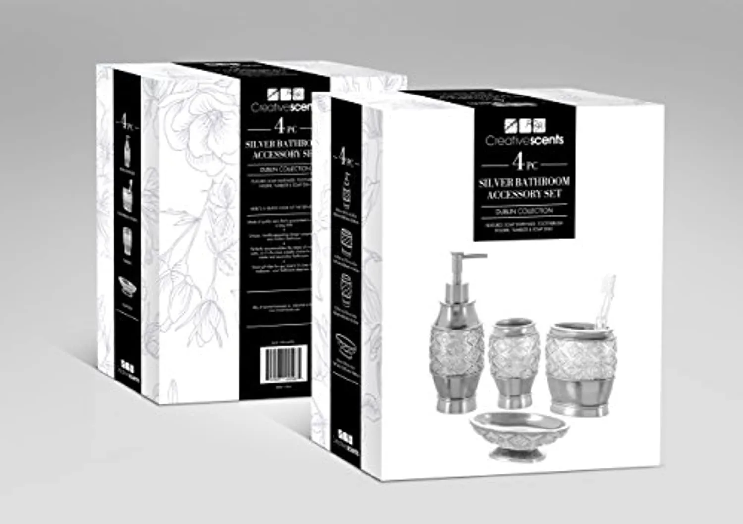 Dublin 4-Piece Bathroom Accessories Set - Includes Decorative Countertop Soap Dispenser, Dish, Tumbler, Toothbrush Holder, Resin Vanity Ensemble Set, Gift Boxed (Brushed Silver)