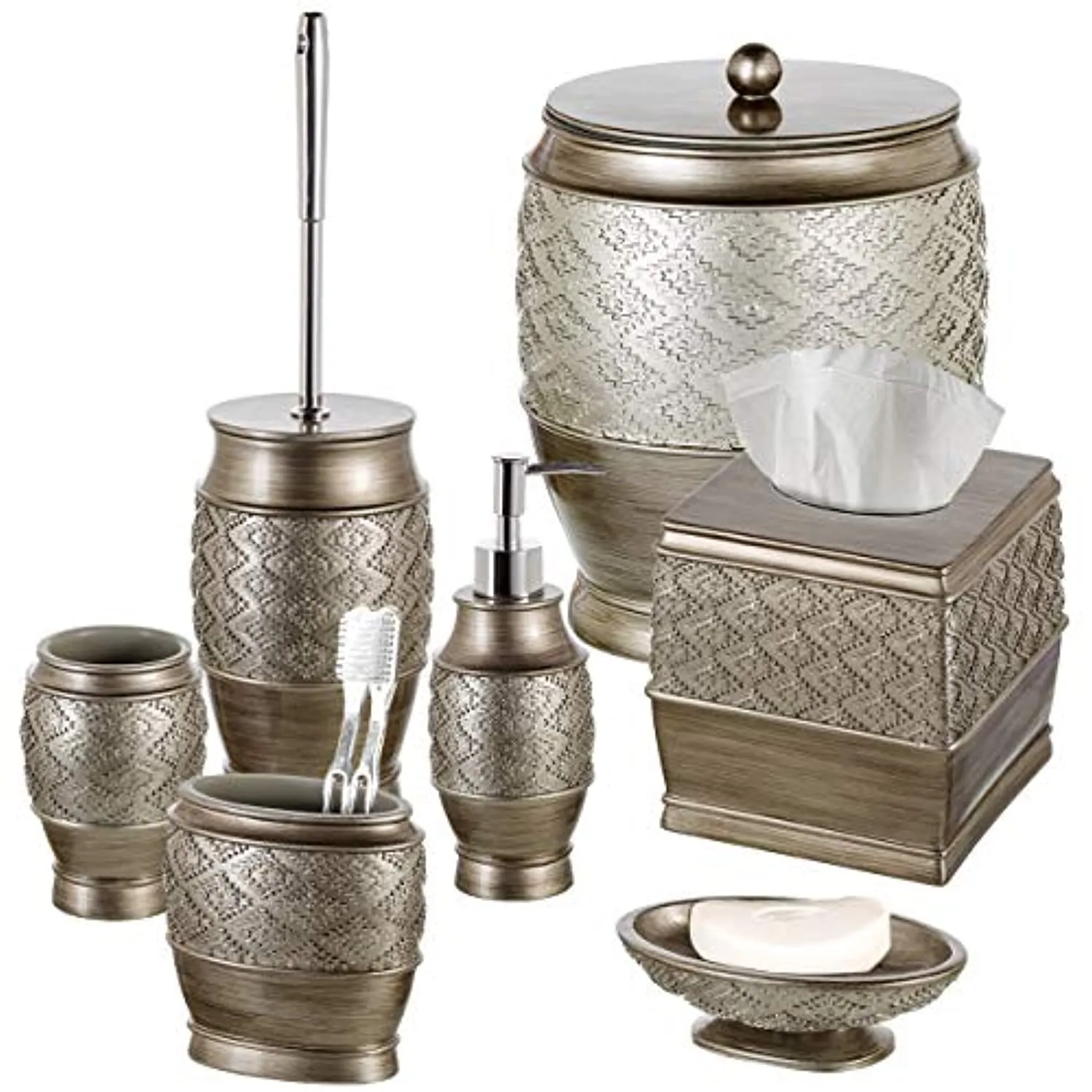 Dublin 4-Piece Bathroom Accessories Set - Includes Decorative Countertop Soap Dispenser, Dish, Tumbler, Toothbrush Holder, Resin Vanity Ensemble Set, Gift Boxed (Brushed Silver)