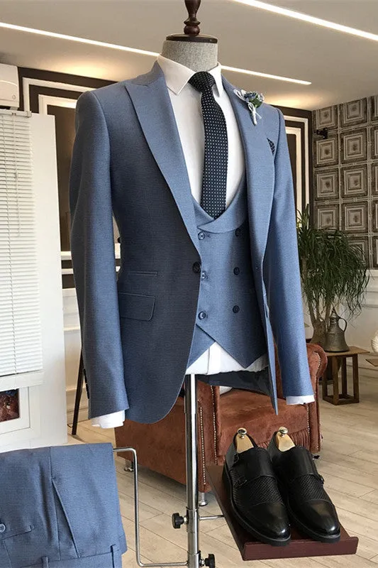 Dusty Blue Three Piece Peaked Lapel Business Suit