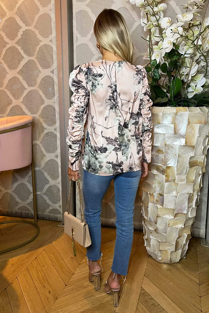 Dusty Pink Printed Ruched Sleeve Top