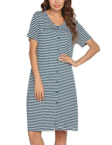 Ekouaer Sleepwear Lightweight Cotton Robe Button Front Housecoat Short Nightgown House Dress (Peacock Blue L)