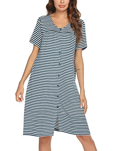 Ekouaer Sleepwear Lightweight Cotton Robe Button Front Housecoat Short Nightgown House Dress (Peacock Blue L)