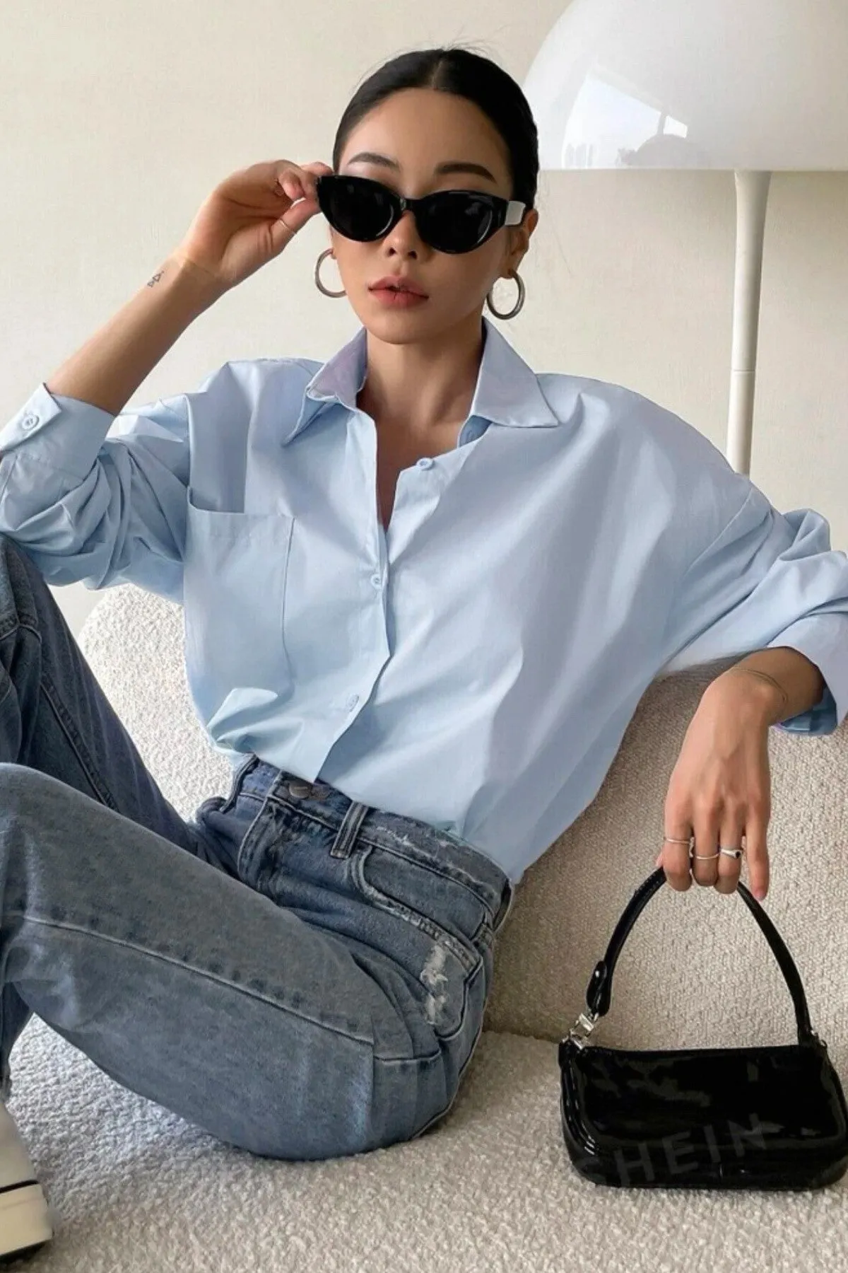 ESTHER Oversized Button-Down Pocket Shirt(Powder Blue）