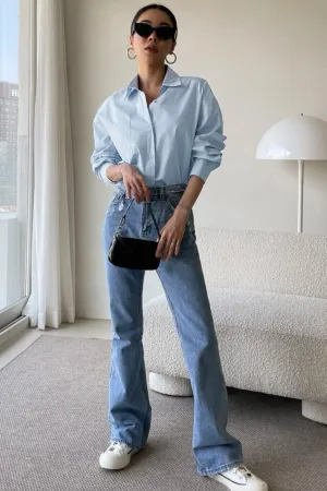 ESTHER Oversized Button-Down Pocket Shirt(Powder Blue）
