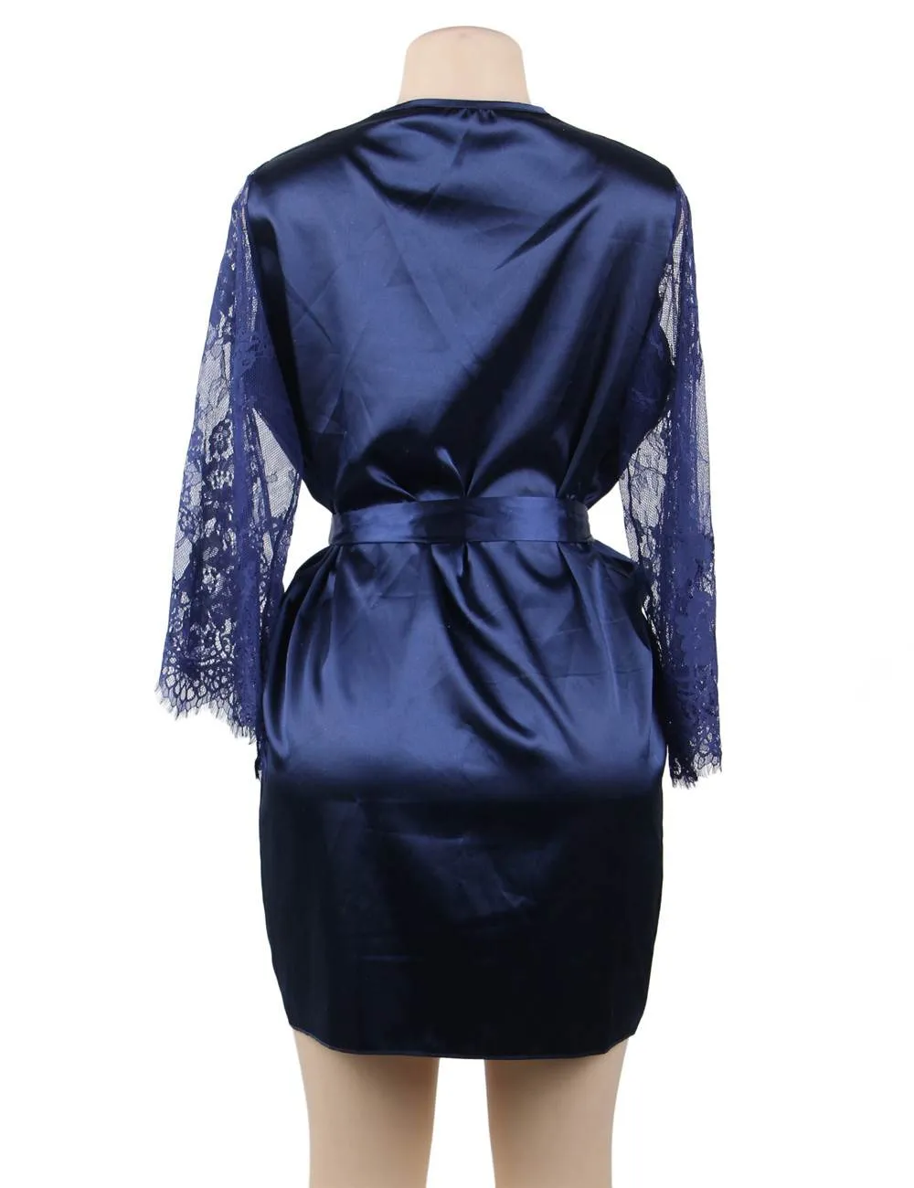 Eyelash Lace Nightdress Silk Long Sleeves Sleepwear with G String
