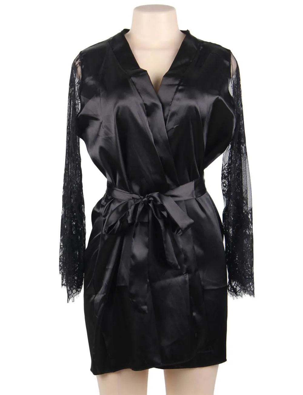 Eyelash Lace Nightdress Silk Long Sleeves Sleepwear with G String
