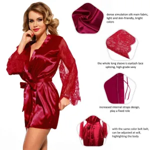 Eyelash Lace Nightdress Silk Long Sleeves Sleepwear with G String