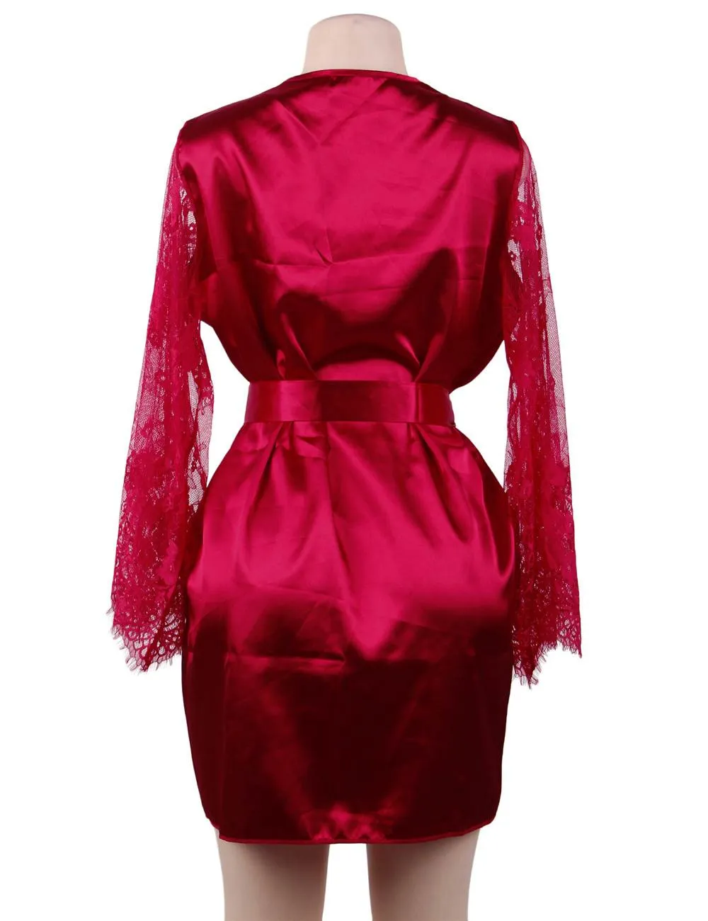 Eyelash Lace Nightdress Silk Long Sleeves Sleepwear with G String