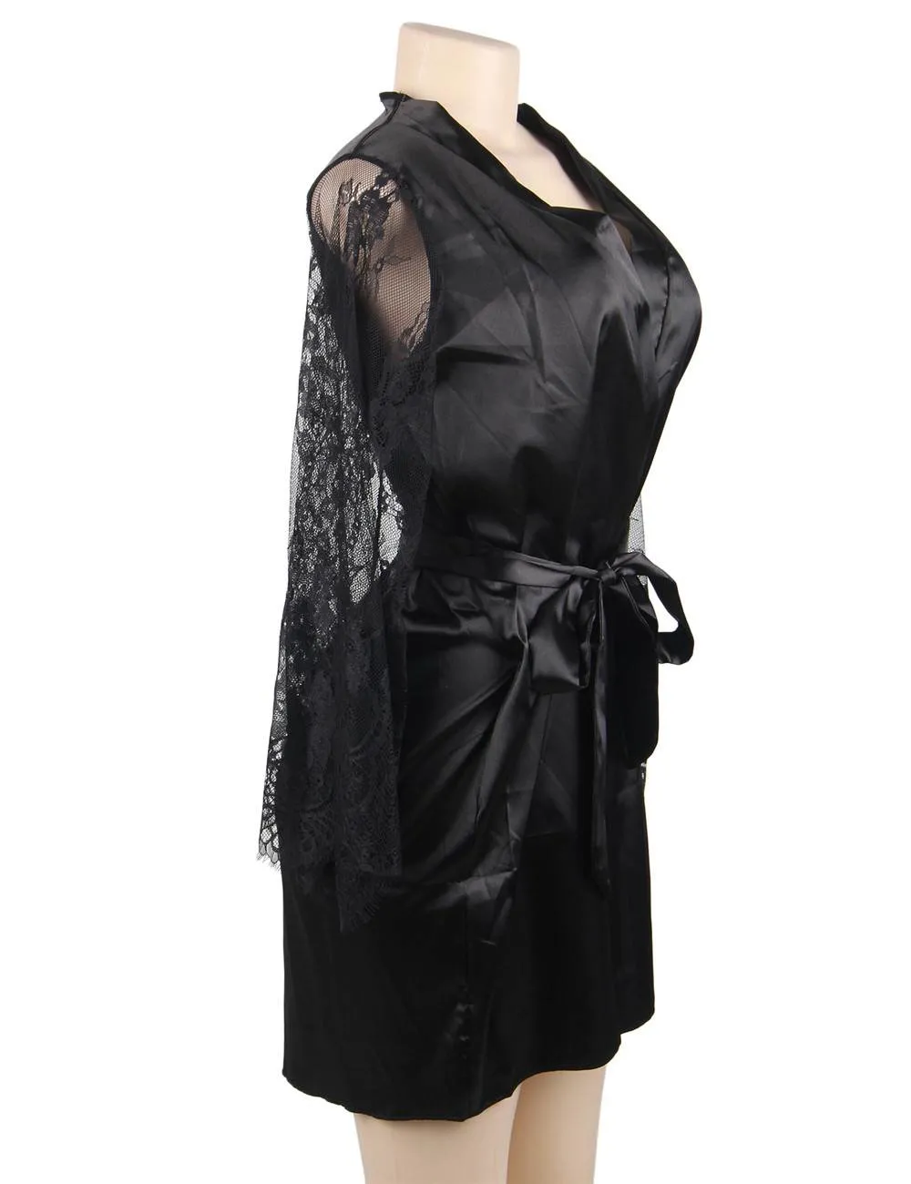 Eyelash Lace Nightdress Silk Long Sleeves Sleepwear with G String