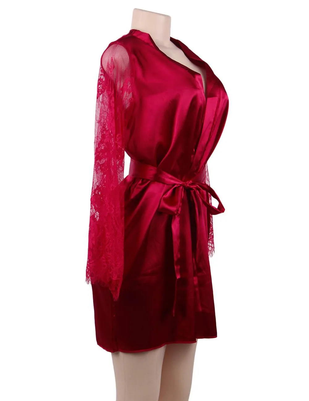 Eyelash Lace Nightdress Silk Long Sleeves Sleepwear with G String