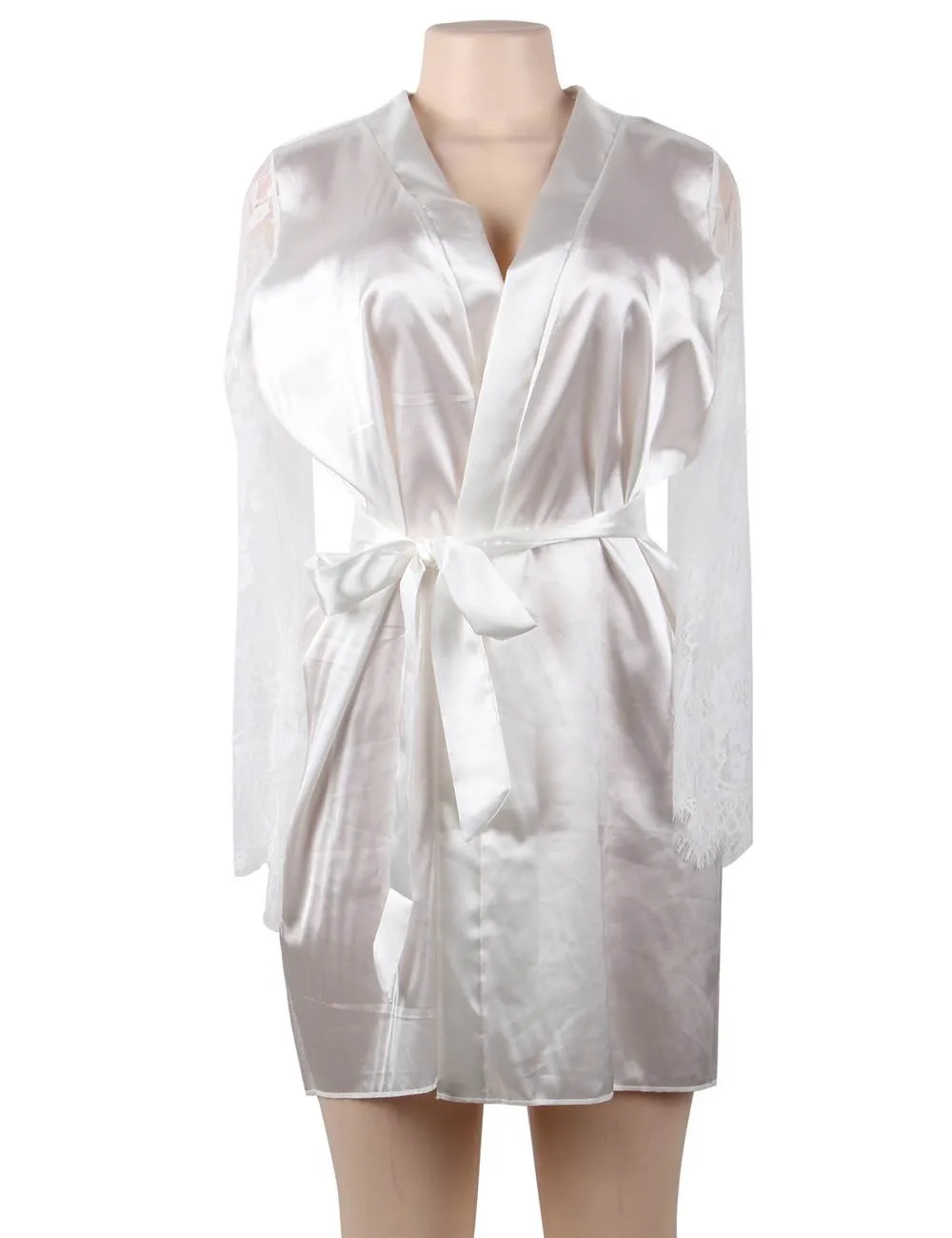 Eyelash Lace Nightdress Silk Long Sleeves Sleepwear with G String