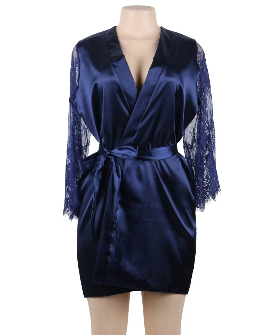 Eyelash Lace Nightdress Silk Long Sleeves Sleepwear with G String