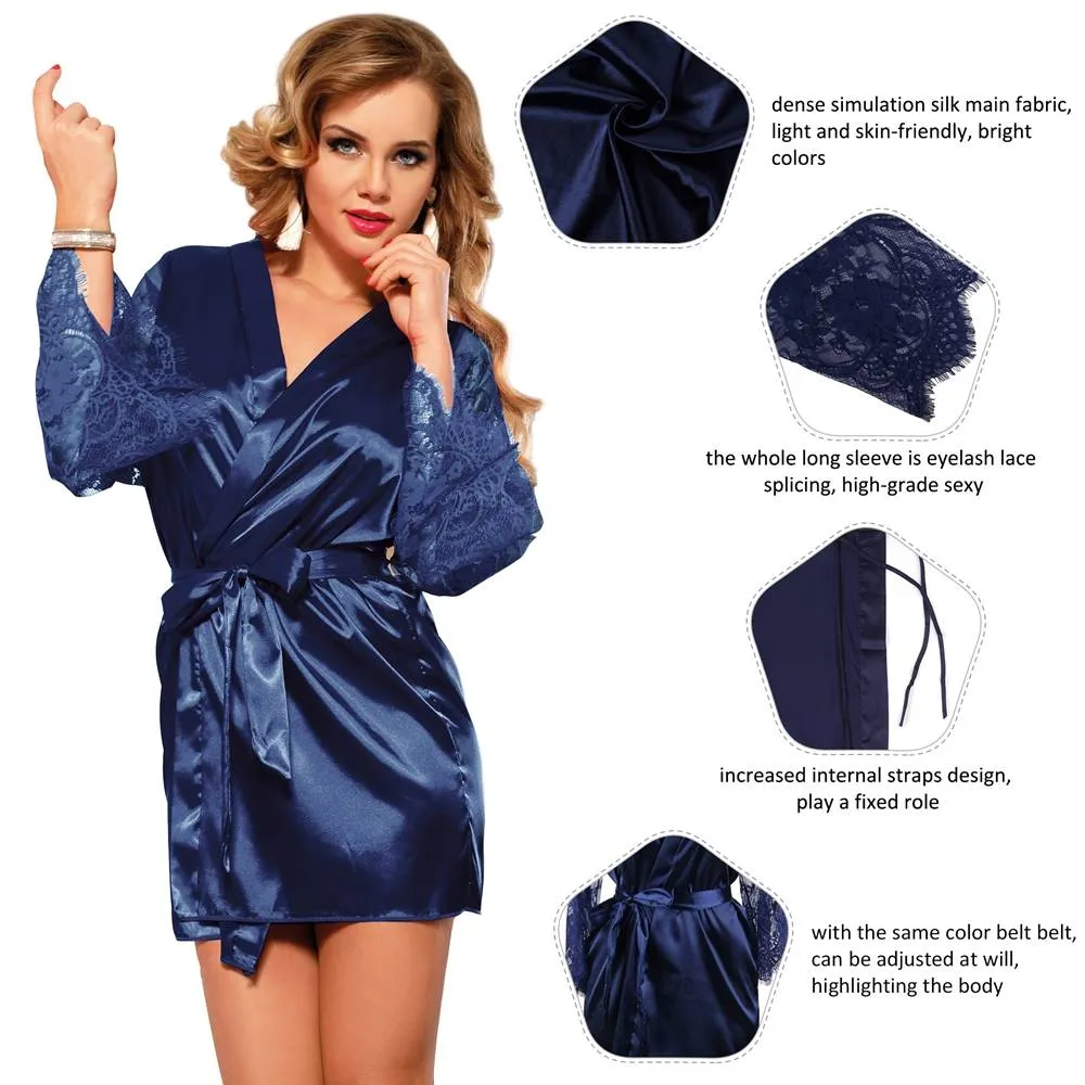 Eyelash Lace Nightdress Silk Long Sleeves Sleepwear with G String