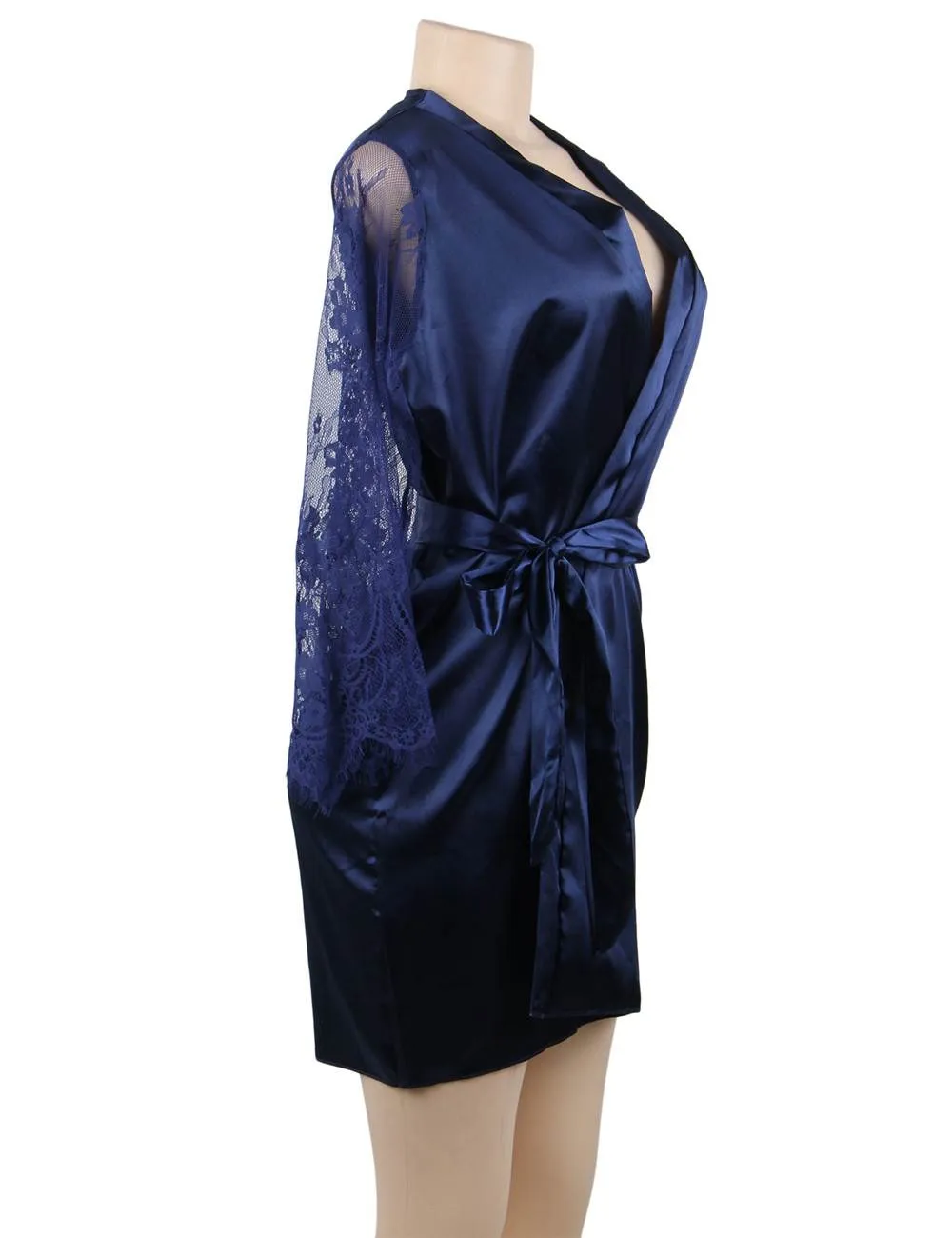 Eyelash Lace Nightdress Silk Long Sleeves Sleepwear with G String