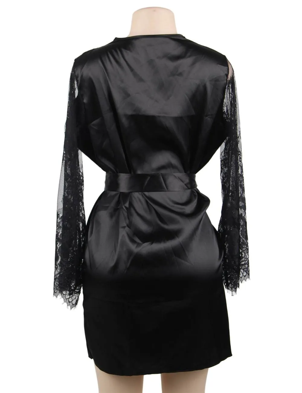 Eyelash Lace Nightdress Silk Long Sleeves Sleepwear with G String