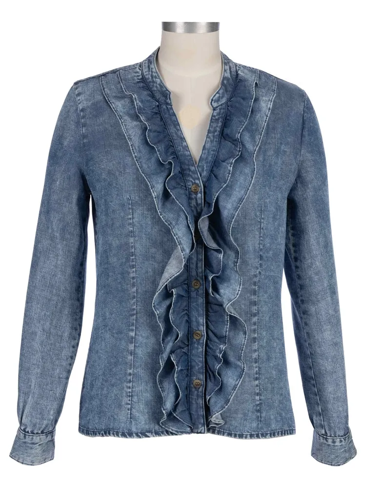 Fallon Double Ruffle Button-Up Shirt - Medium Wash