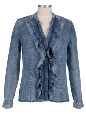 Fallon Double Ruffle Button-Up Shirt - Medium Wash