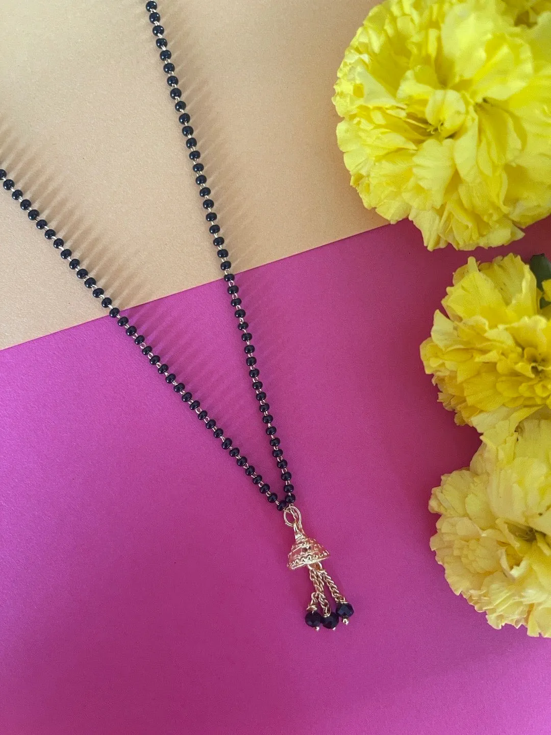 Fancy Short Mangalsutra Designs Gold Plated Pendant With Latkan Simple Black Beads Chain