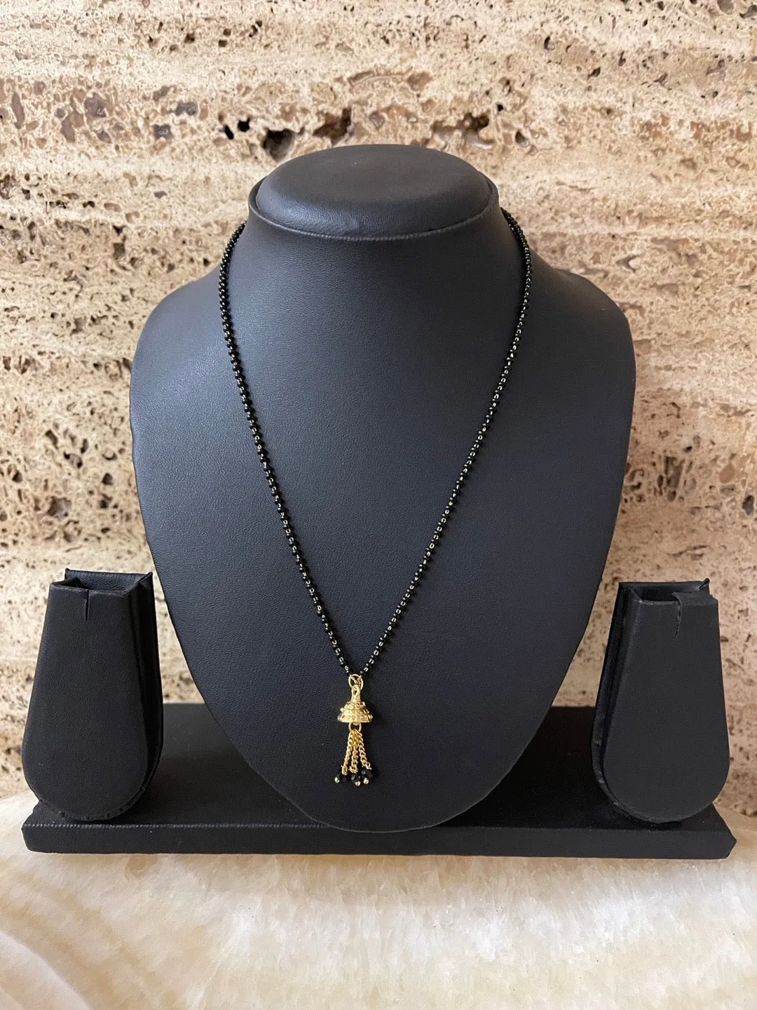 Fancy Short Mangalsutra Designs Gold Plated Pendant With Latkan Simple Black Beads Chain
