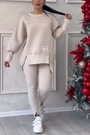 Fashionable Irregular Long-sleeved Sweatshirt and Elastic Waist Pants Set
