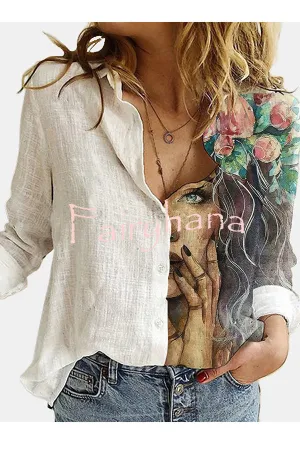 Figure Print Button Design Long Sleeve Casual Blouse