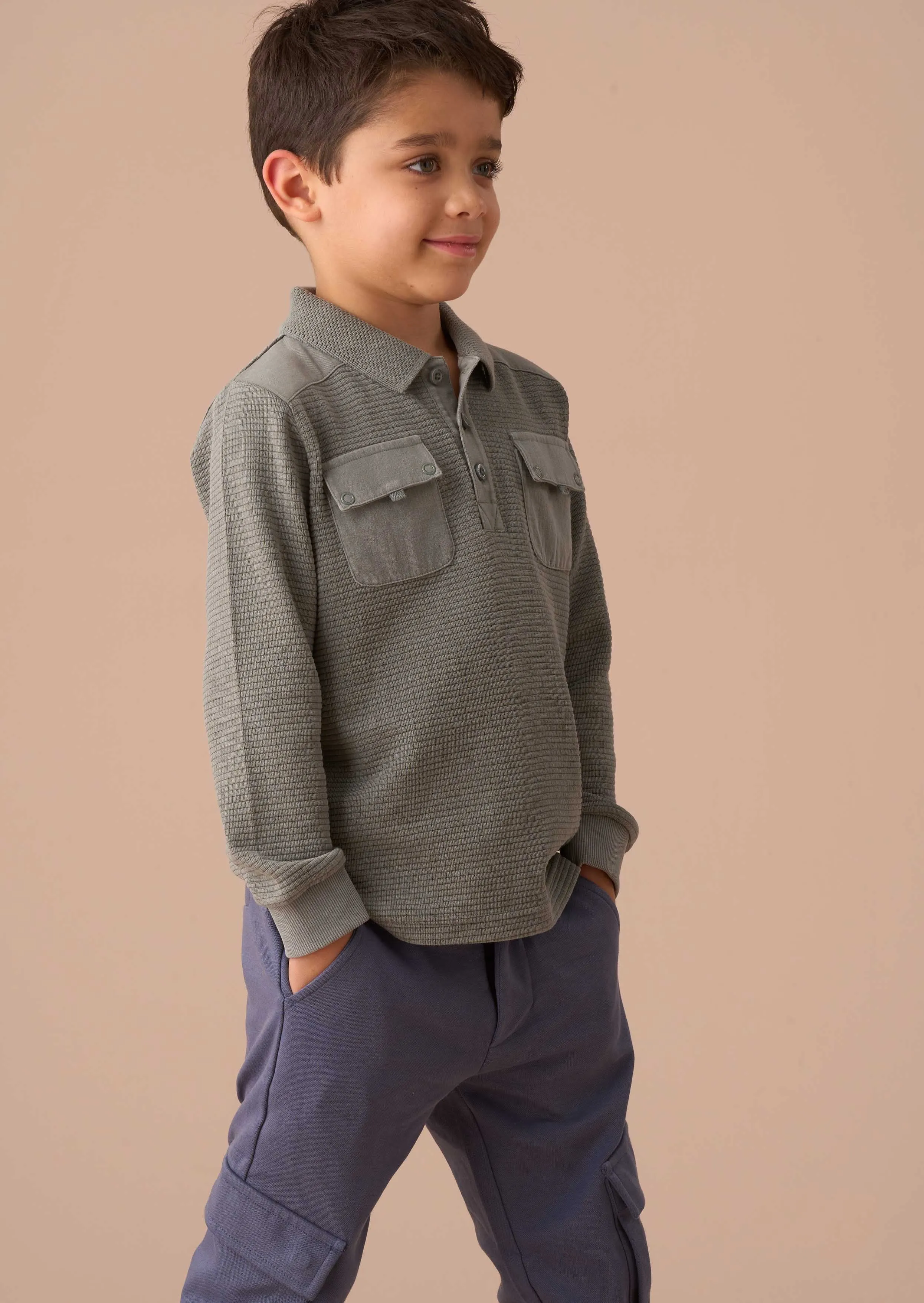 Finn Green Textured Long Sleeve Polo
