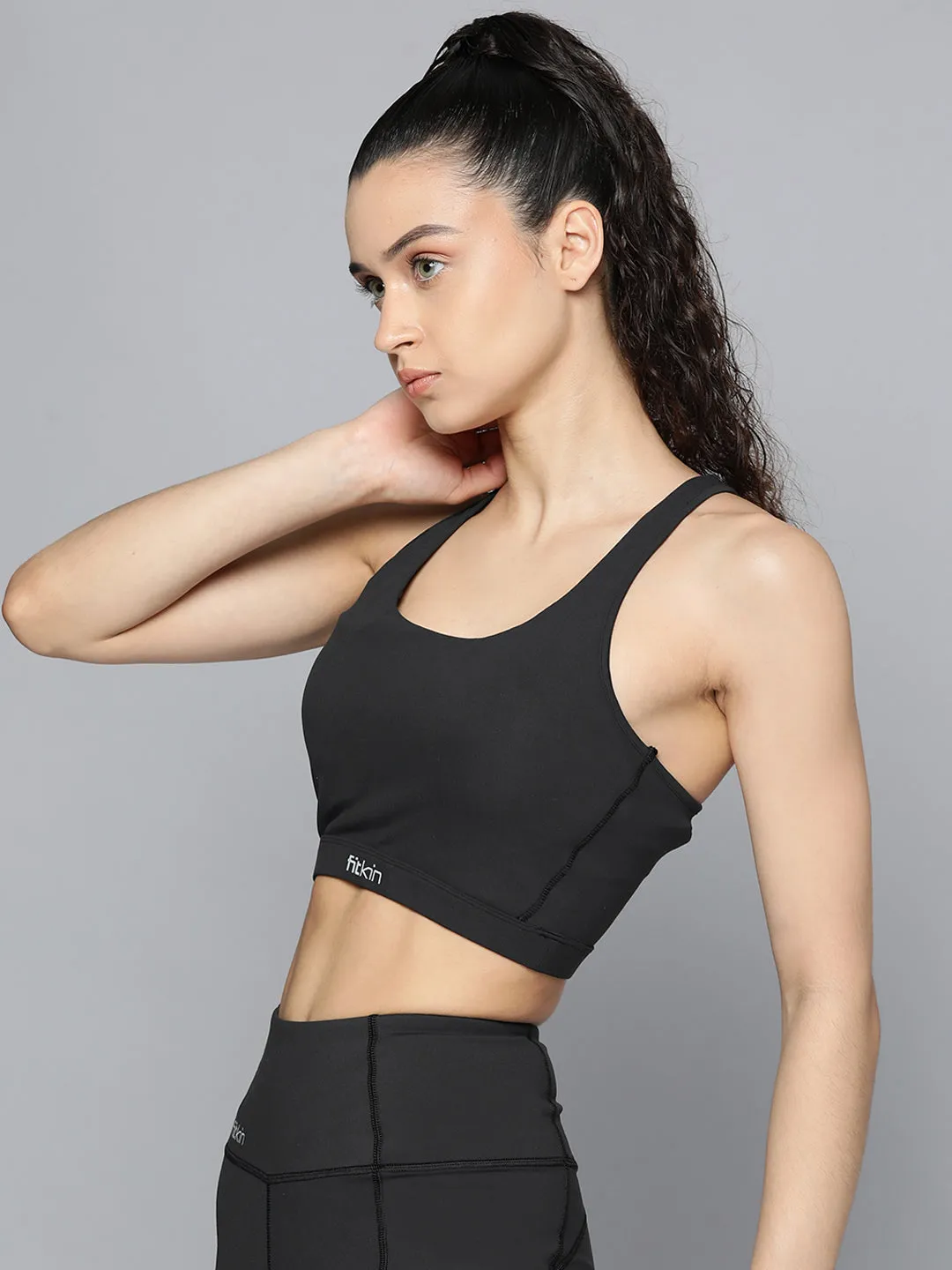 Fitkin Black Back Laser Cut Design Sports Bra