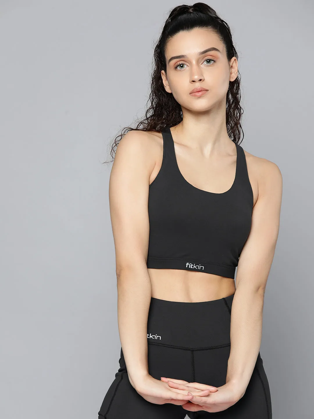 Fitkin Black Back Laser Cut Design Sports Bra
